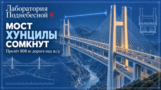 В Китае сомкнули мост с пролётом 808 метров: почему 8 полос трассы положили поверх 4 путей высокоскоростной ж/д